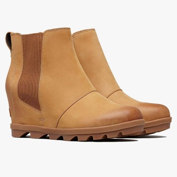 Sorel Joan of Arctic Wedge ll Chestnut Tan Burnished Leather Chelsea Ankle Boots - Picture 1 of 9